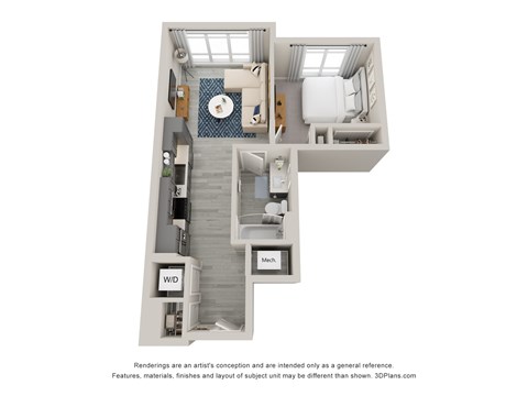 Floor plan for 1 bed, 1 bath, 585 sqft